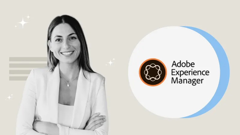 A smiling woman in a blazer stands with her arms crossed next to the Adobe Experience Manager logo.