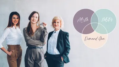 Three professional women stand against a light gray wall next to overlapping circles labeled ABM, MGOs, and Demand Gen.