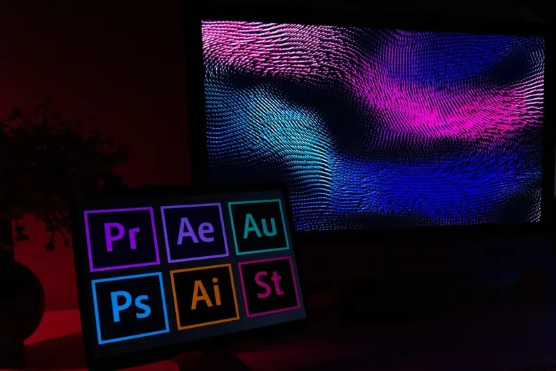A tablet displays colorful icons for Adobe Premiere, After Effects, Audition, Photoshop, and Illustrator; a large monitor behind it shows a dynamic, colorful design.