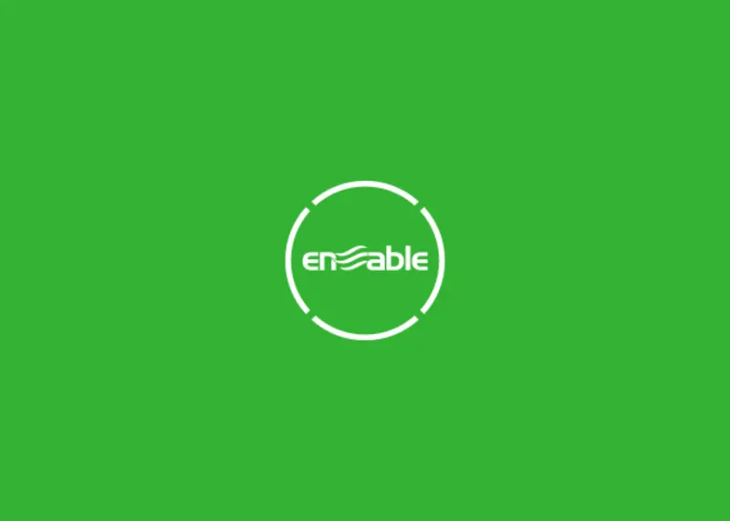 White circular logo with the word “enable” inside, on a green background.