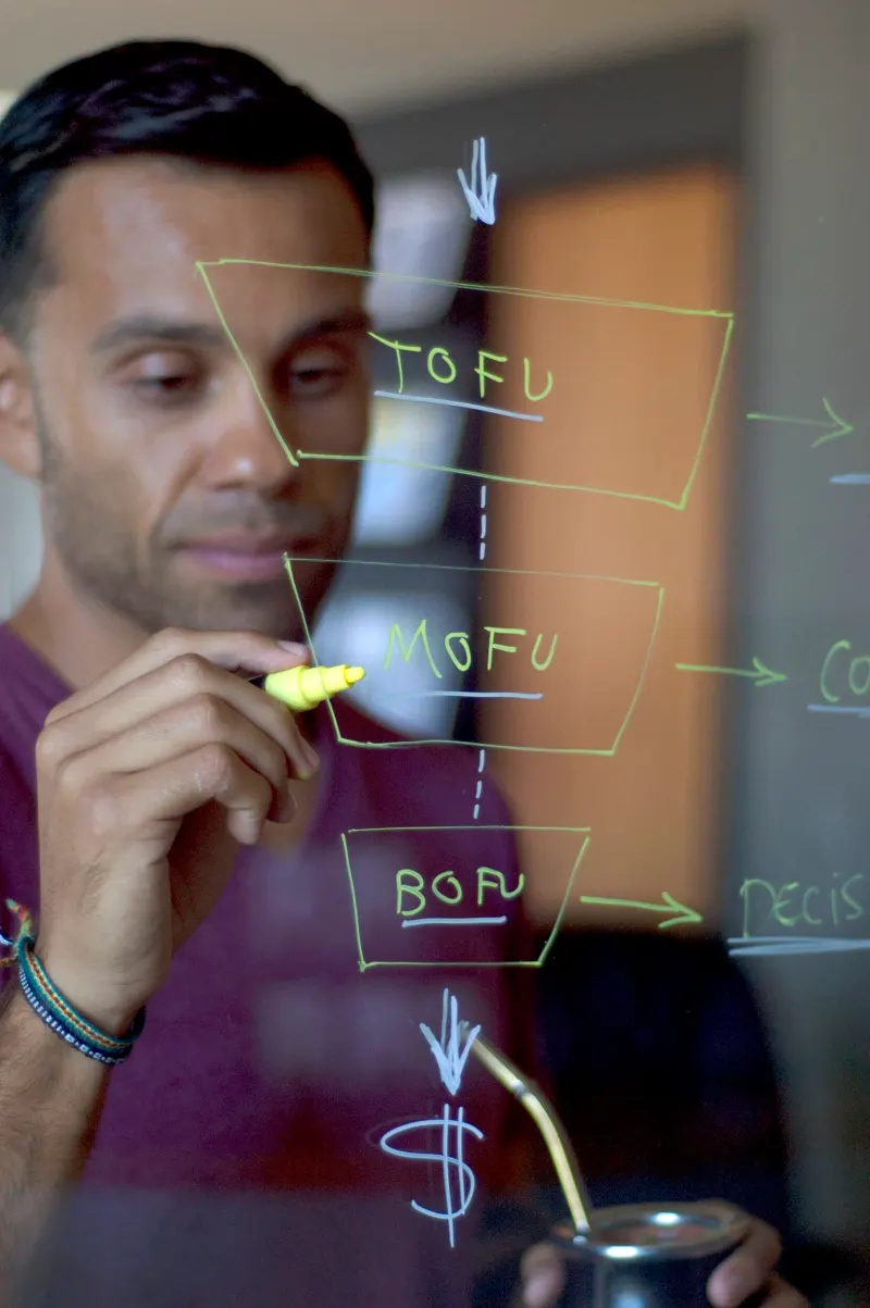 A man drawing a funnel flowchart on a glass board with marker — TOFU, MOFU, BOFU and a dollar sign — the kind of live, defended thinking a GTM presentation round should be testing.