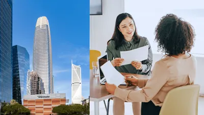 Split image: skyscrapers including the Salesforce Tower in San Francisco on the left, two women discussing documents in an office on the right.