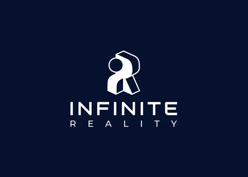 White logo with an abstract R-like figure above the words INFINITE REALITY in white capitals.