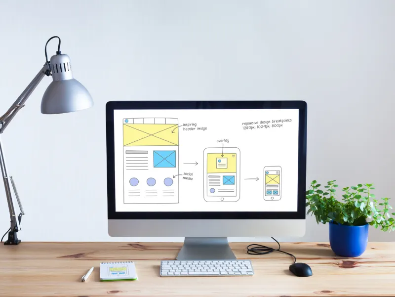 Computer screen showing a website wireframe with responsive design breakpoints and overlay adaptations for different screen sizes.