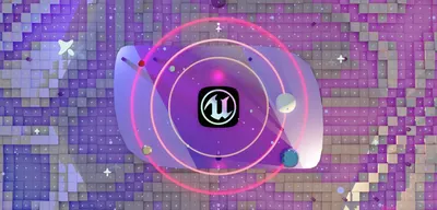 The Unreal Engine logo within concentric pink and purple rings against a purple, pixelated background with star-like sparkles.
