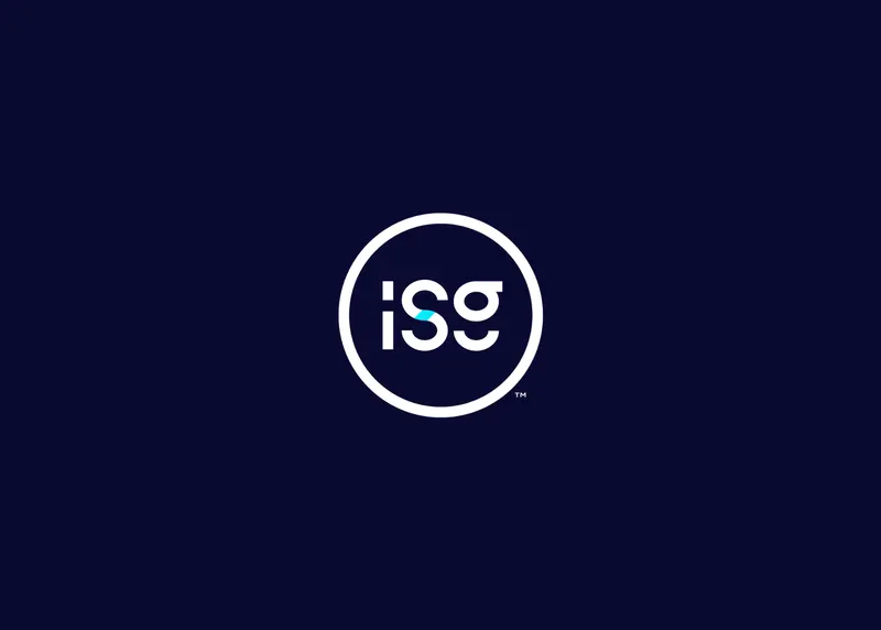 ISG logo in white within a white circle on a dark blue background.