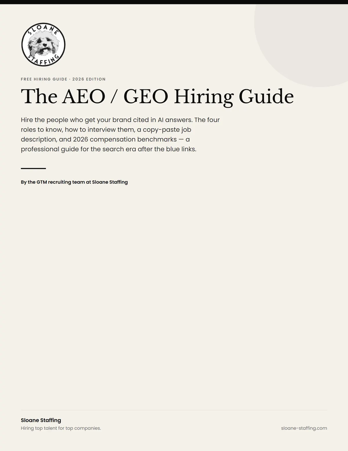 The Sloane Staffing AEO/GEO Hiring Guide cover, illustrating the roles and skills teams hire for in the AI search era