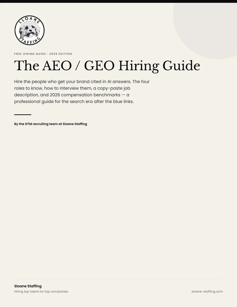 The Sloane Staffing AEO/GEO Hiring Guide cover, illustrating the roles and skills teams hire for in the AI search era