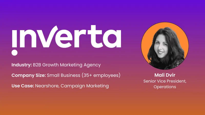 Inverta case study card: B2B Growth Marketing agency, small business (35+ employees), nearshore campaign marketing, featuring Mali Dvir, Senior VP of Operations.