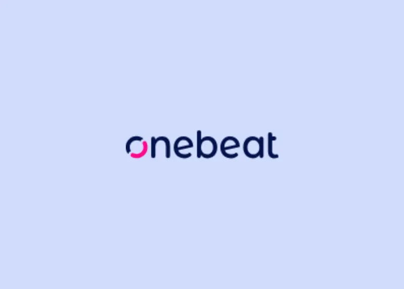 The onebeat logo, with the brand name in dark blue lettering and a pink accent on the “o.”