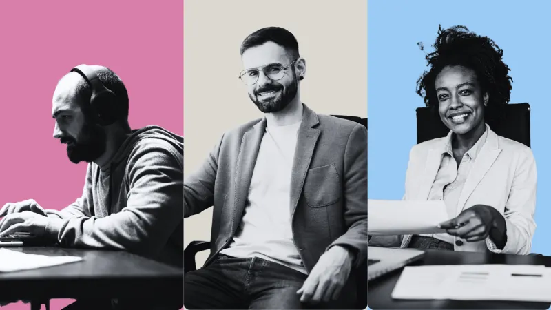 Collage of three professionals: a man on a laptop with headphones, a man in a blazer smiling, and a woman presenting a document.
