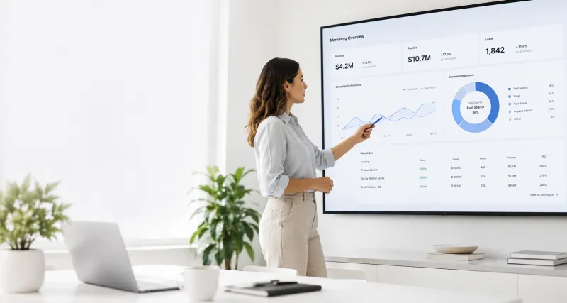 A woman presents a marketing overview dashboard showing revenue, pipeline, leads, campaign performance, and channel breakdown.