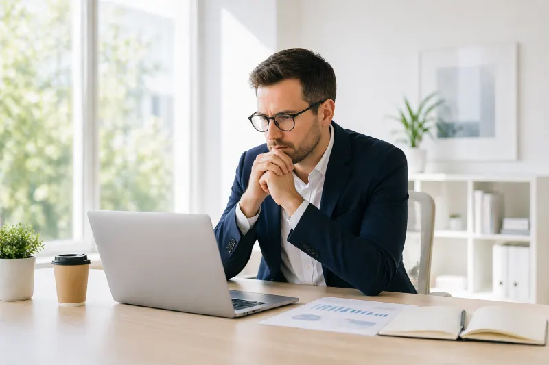 Businessman in glasses and a suit looking thoughtfully at his laptop screen with hands clasped under his chin.