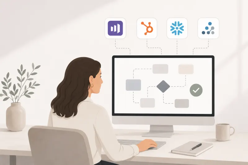 Woman working at a computer displaying a flowchart, with icons for various software applications around it.