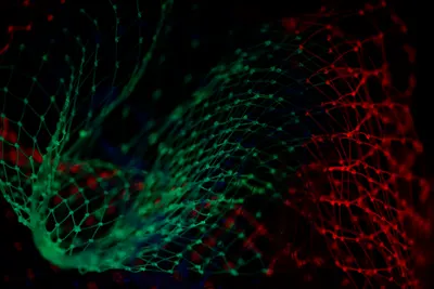 Abstract close-up of a green net on the left and a red net on the right, illuminated against a black background.