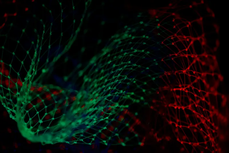 Abstract close-up of a green net on the left and a red net on the right, illuminated against a black background.