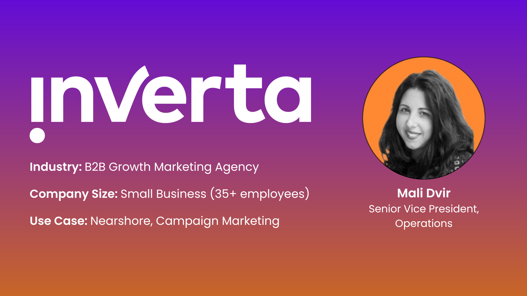 Inverta case study card: B2B Growth Marketing Agency, small business (35+ employees), nearshore campaign marketing, featuring Mali Dvir, Senior VP of Operations.