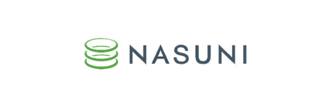 Nasuni logo featuring three green stacked rings next to the blue text NASUNI.