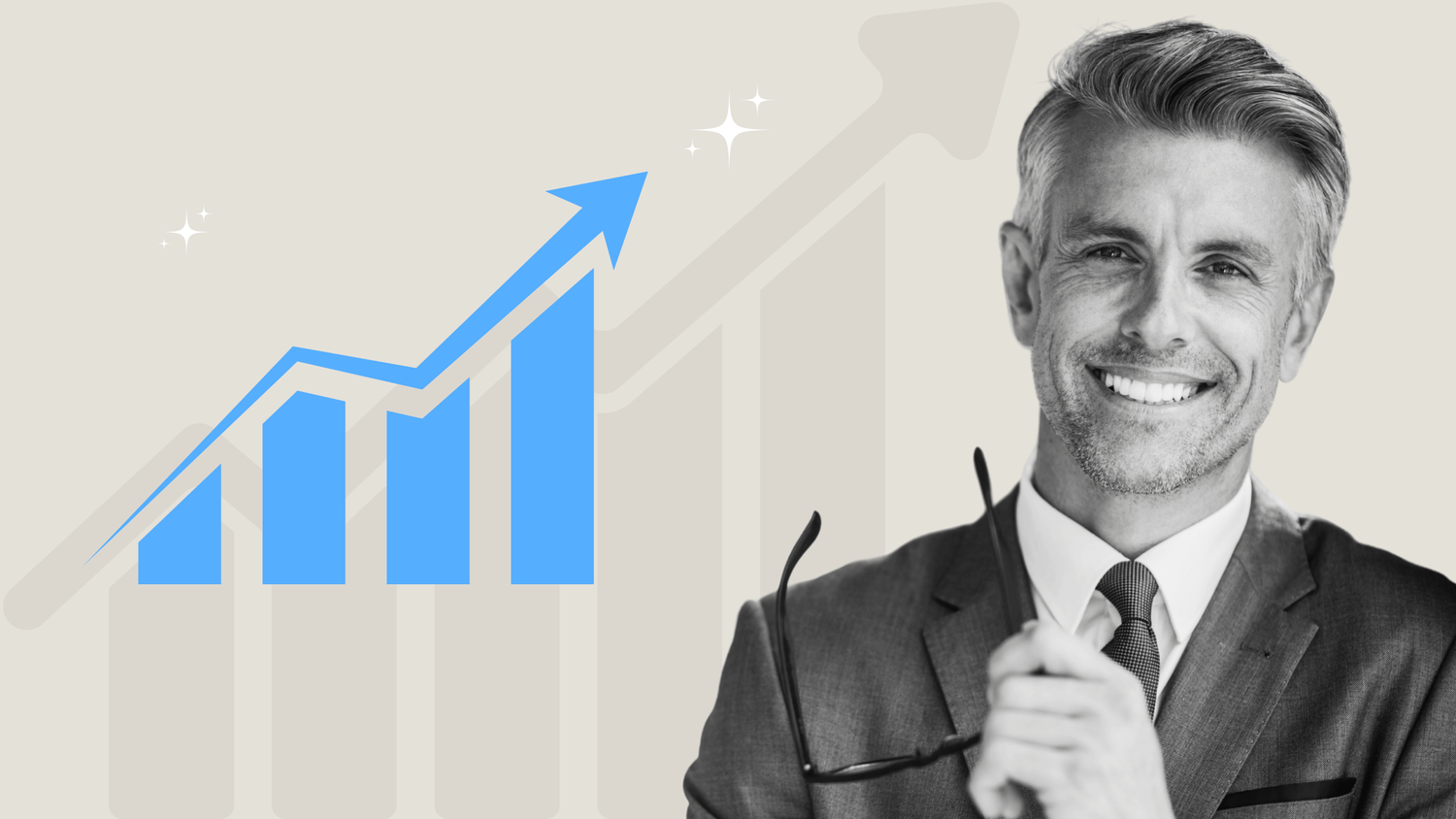 Smiling businessman holding glasses, with a blue bar chart and upward arrow indicating growth in the background.