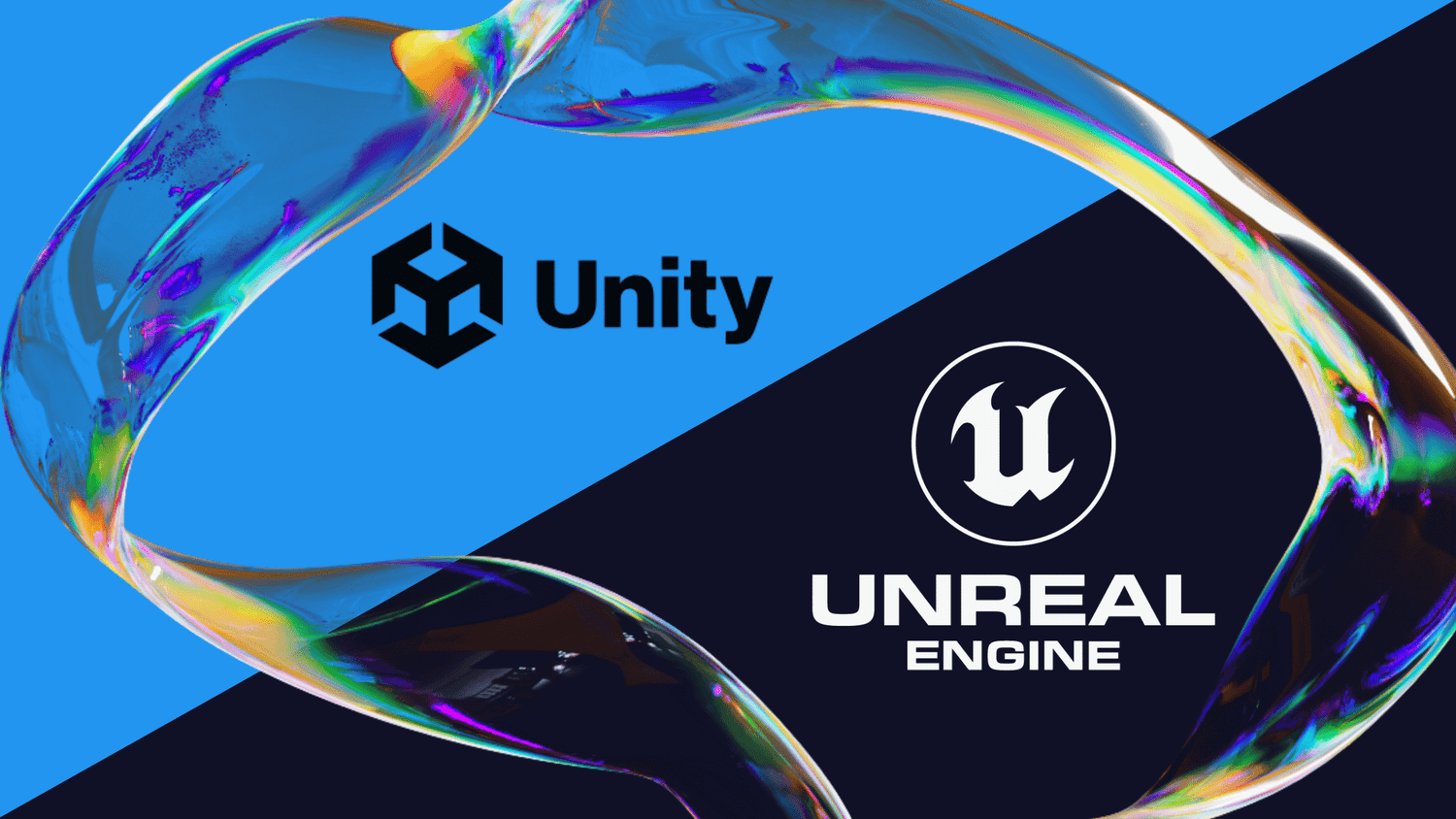 The Unity and Unreal Engine logos divided by a colorful iridescent liquid-like swirl.