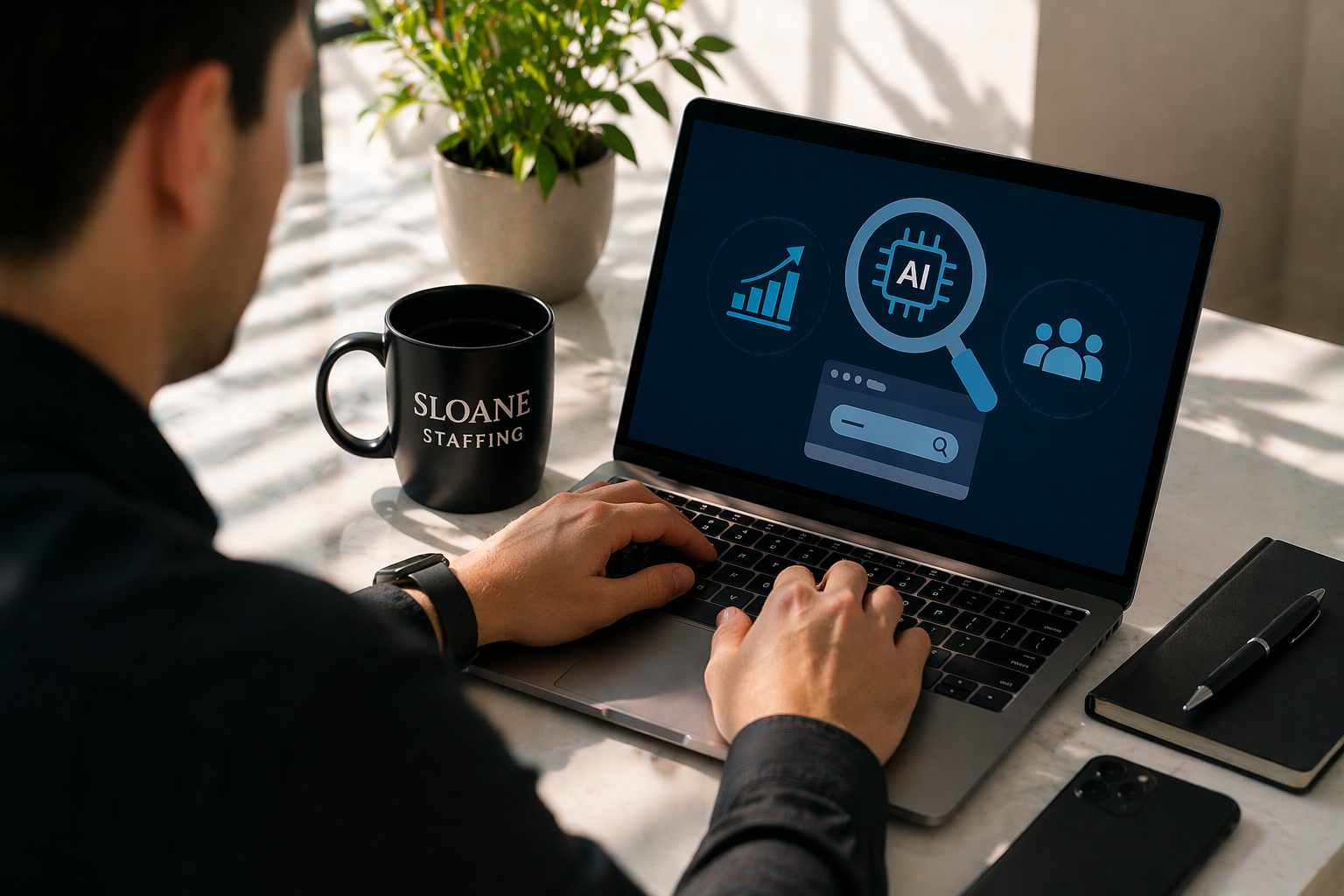 Man working on a laptop showing an AI search graphic with a magnifying glass over a chip, a trend graph and people icons, beside a Sloane Staffing mug