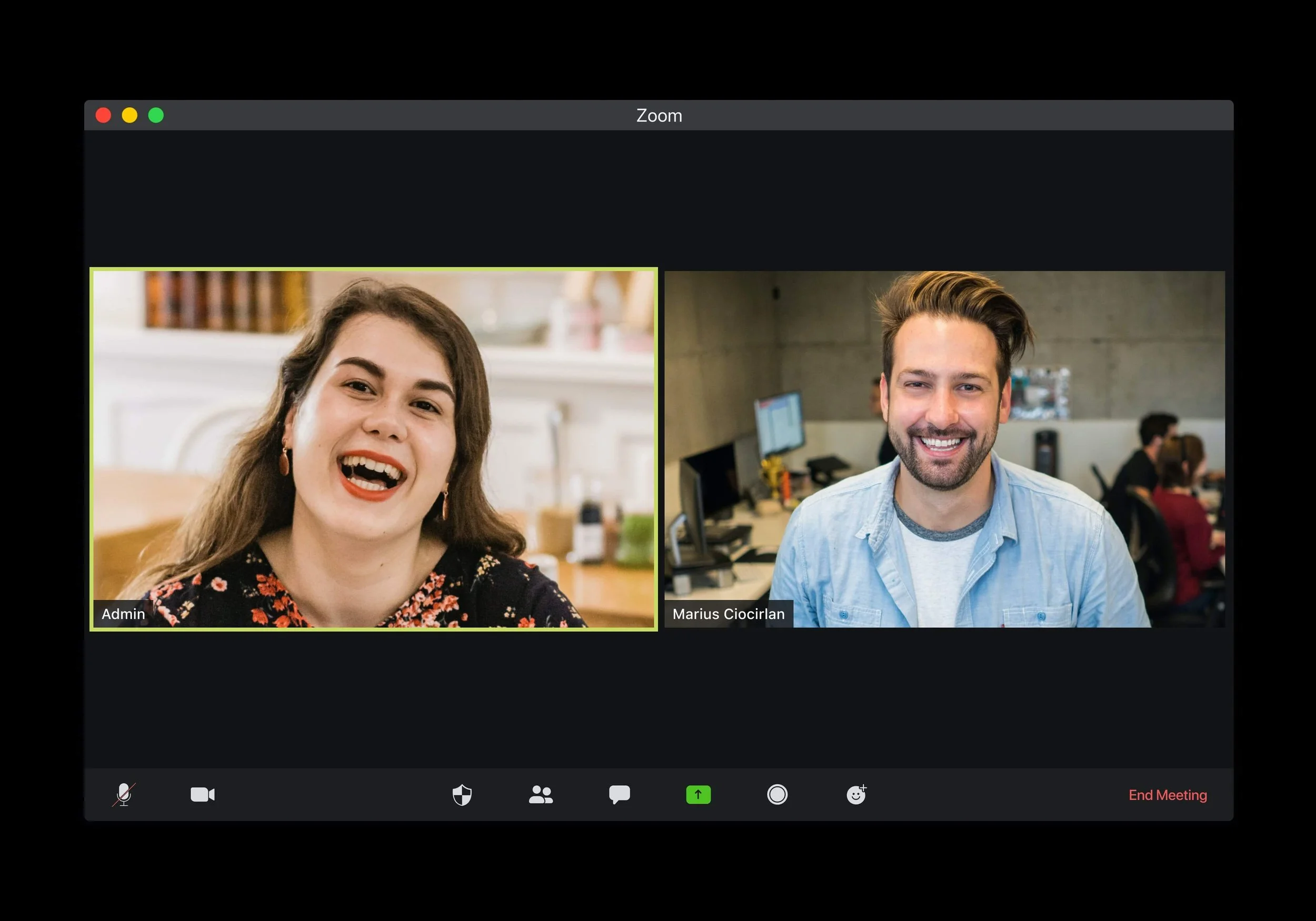 Two people on a split-screen Zoom video call: a woman with brown hair in a floral top labeled “Admin” on the left, and a man on the right.
