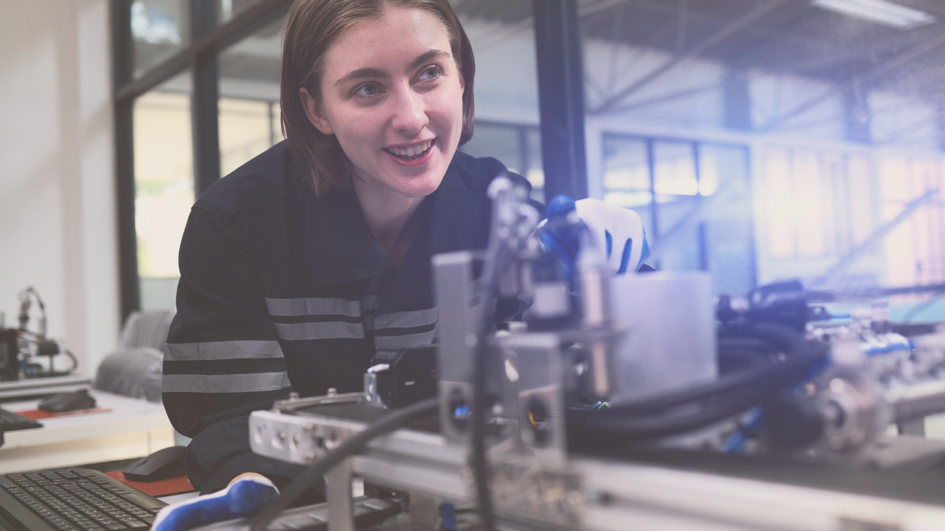 An enthusiastic woman in a dark blue uniform with reflective stripes works with complex machinery, wearing white and blue gloves.