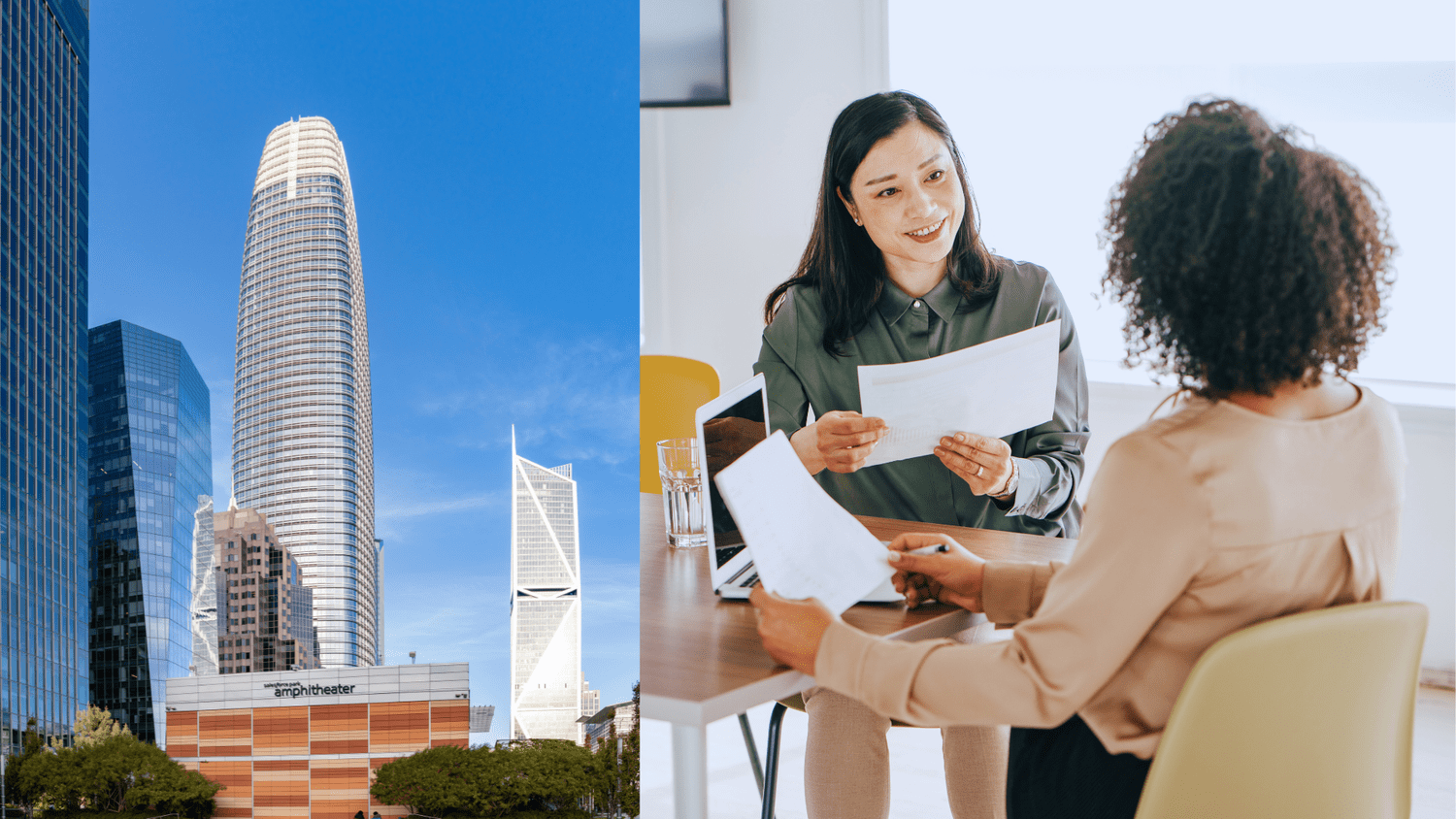 Split image: skyscrapers including the Salesforce Tower in San Francisco on the left, two women discussing documents in an office on the right.