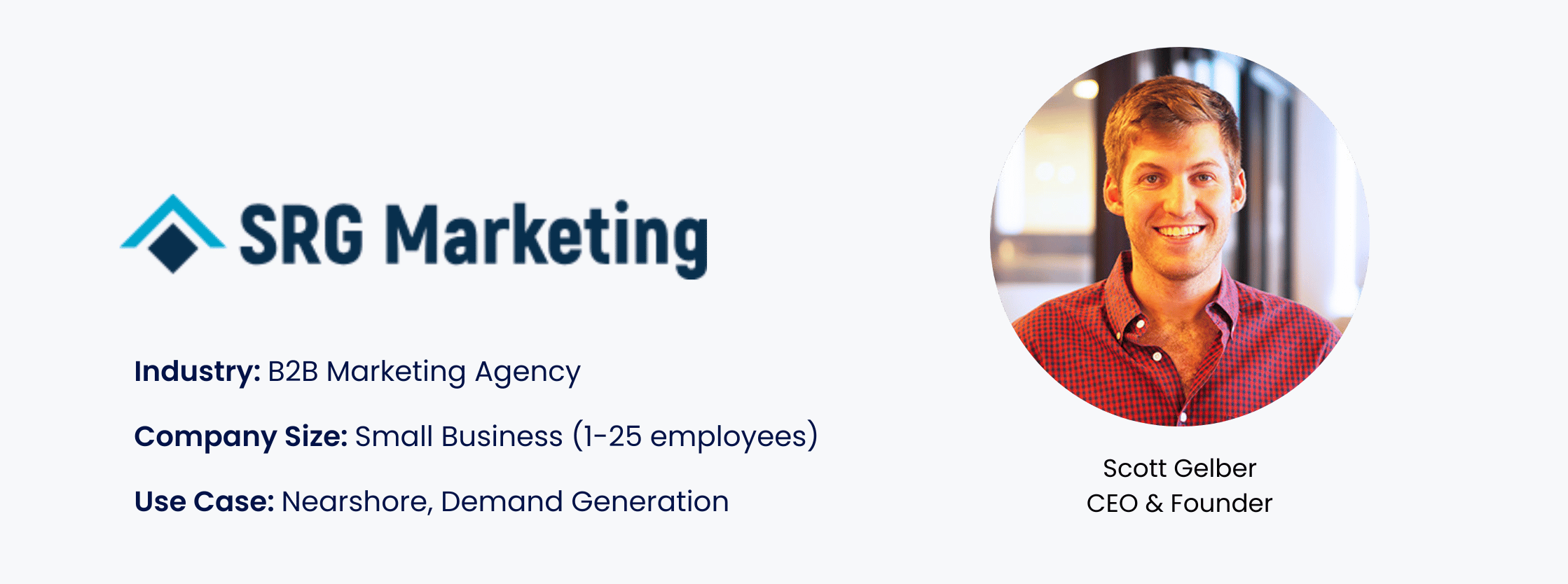 SRG Marketing case study card: B2B Marketing Agency, small business (1-25 employees), nearshore demand generation, featuring Scott Gelber, CEO & Founder.