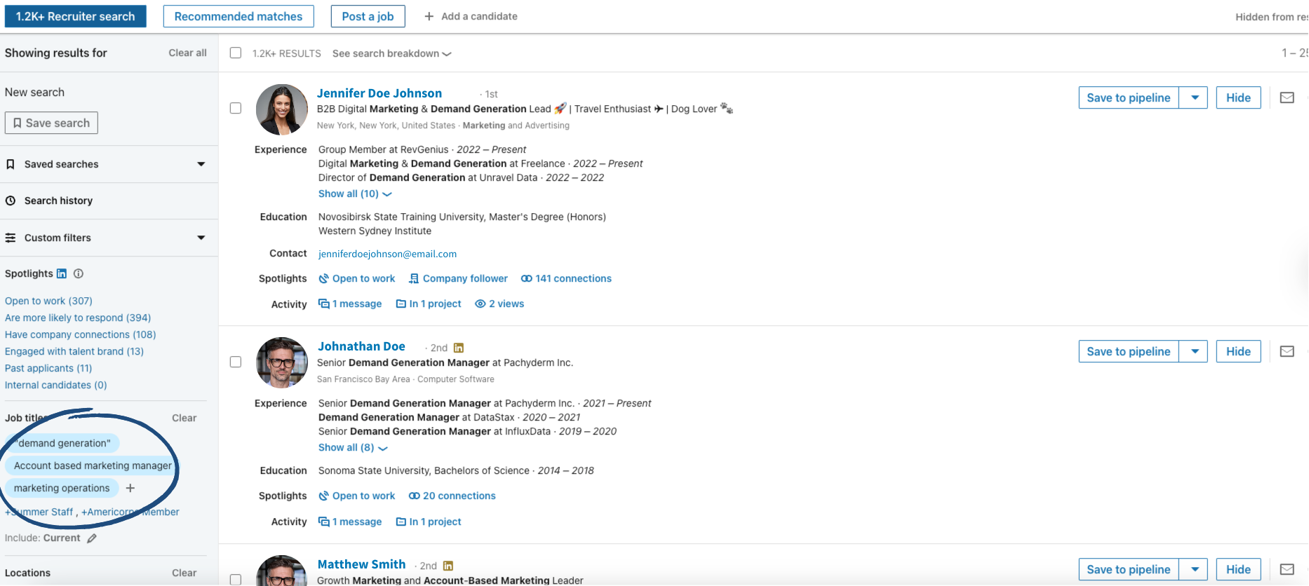A LinkedIn job search results page with the job-title filter showing “demand generation,” “account based marketing manager,” and “marketing operations.”