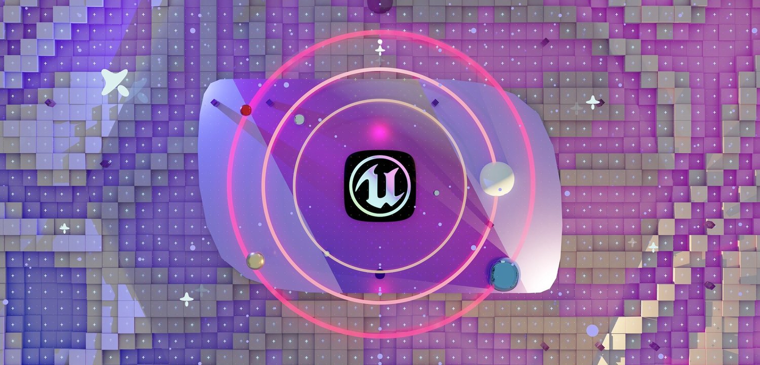 The Unreal Engine logo within concentric pink and purple rings against a purple, pixelated background with star-like sparkles.