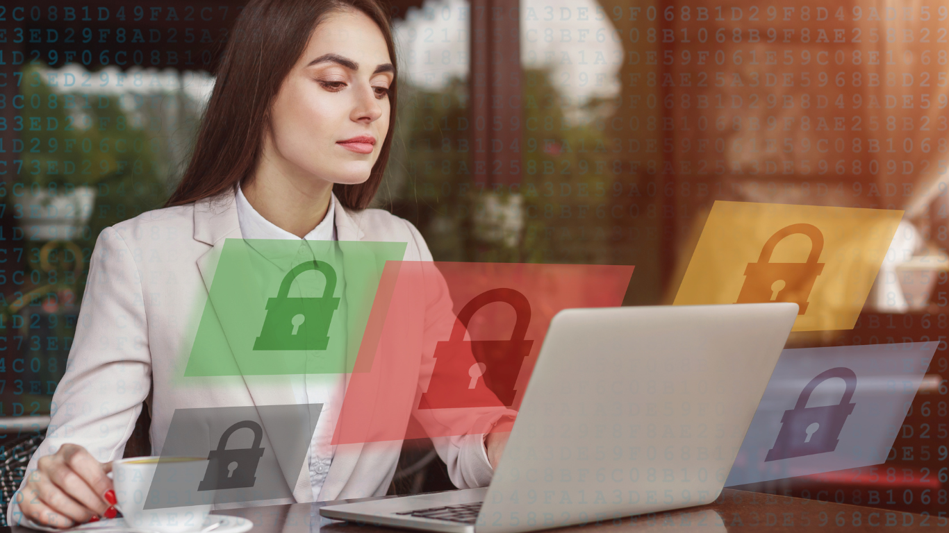 Woman in a light beige suit looks at a laptop screen with overlaid digital security icons showing locked and unlocked symbols.