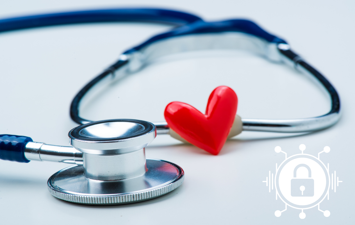 A stethoscope placed over a red heart-shaped object, with a security lock icon overlaid on the right.