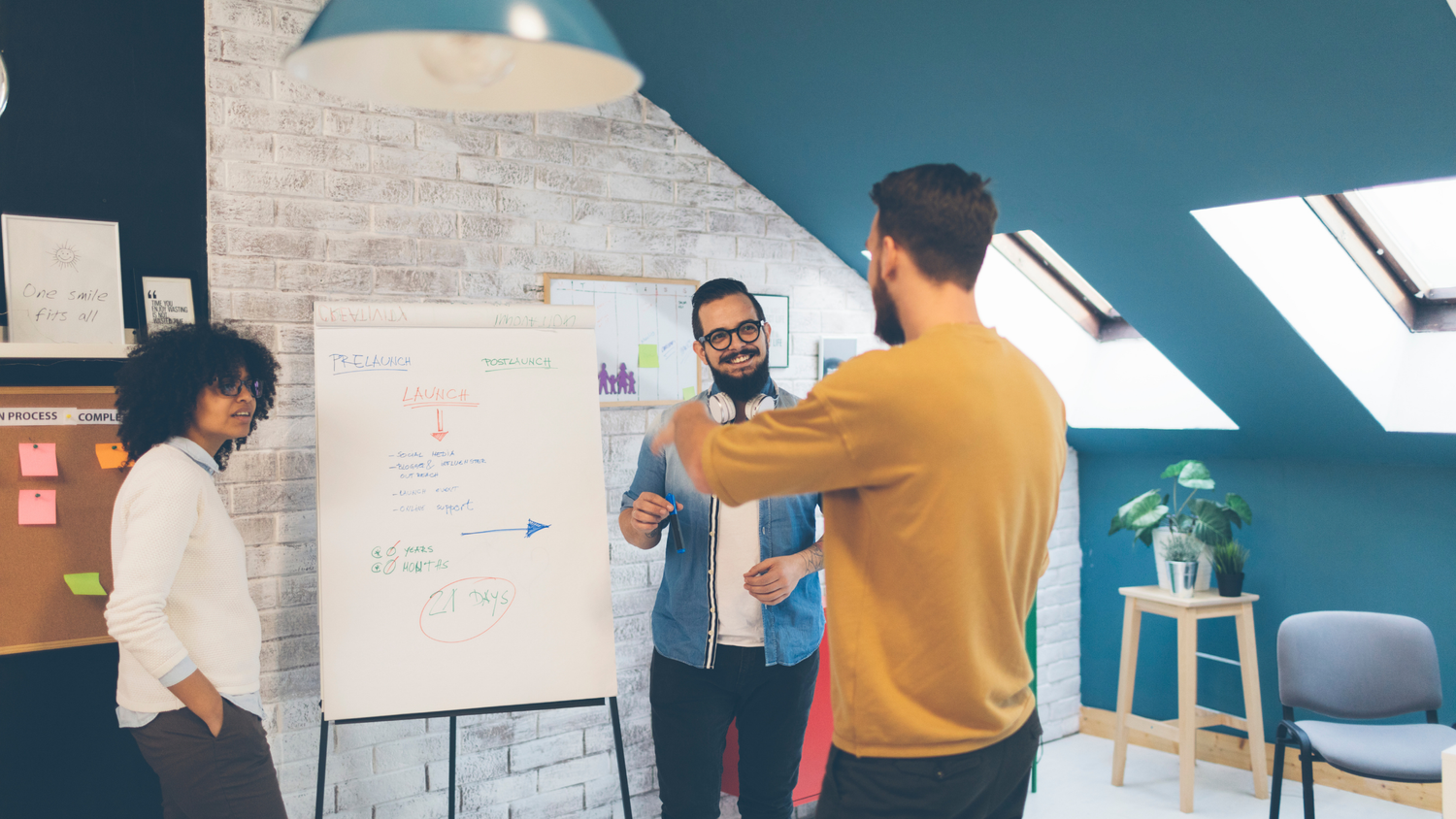Three people in a meeting discussing ideas on a whiteboard with sections for Prelaunch, Launch, and Postlaunch.