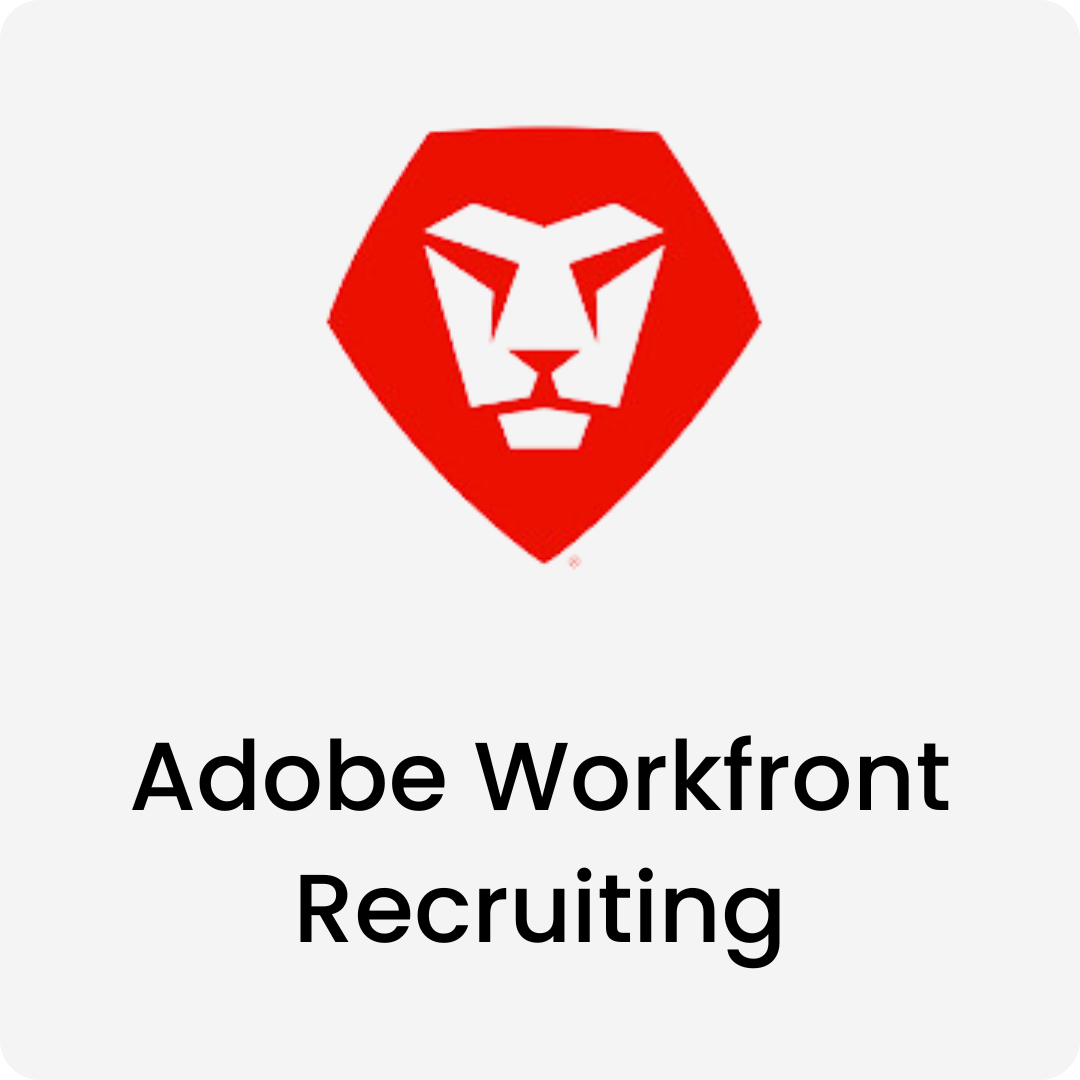 Red hexagon with a stylized white lion-face logo above the text Adobe Workfront Recruiting.