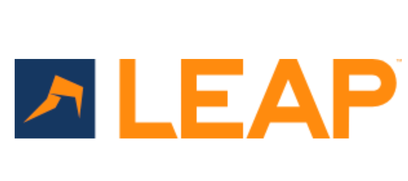 The LEAP logo: “LEAP” in orange text next to a dark blue square containing an orange abstract shape.
