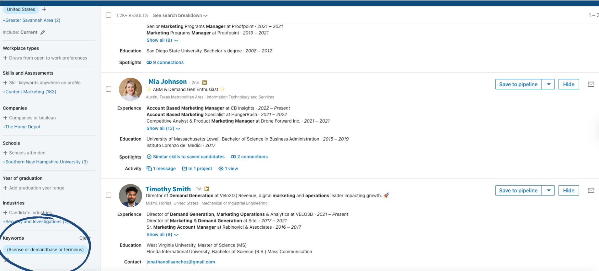 A LinkedIn search results page showing candidate profiles and filter options, including keywords like “6sense or demandbase.”
